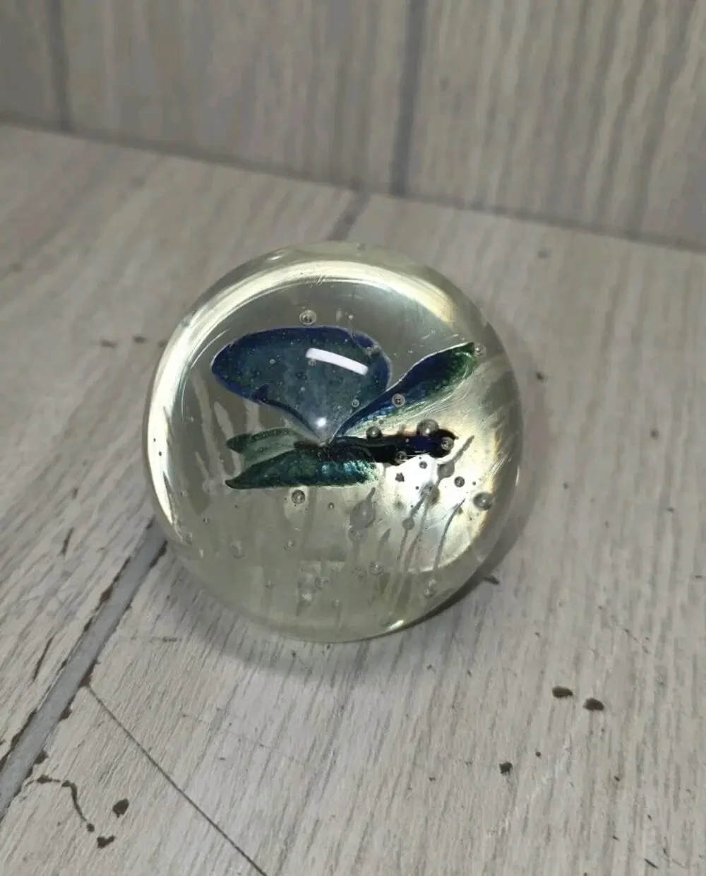 Vintage Glass Paperweight w/ Green & Blue Butterfly 2 1/2